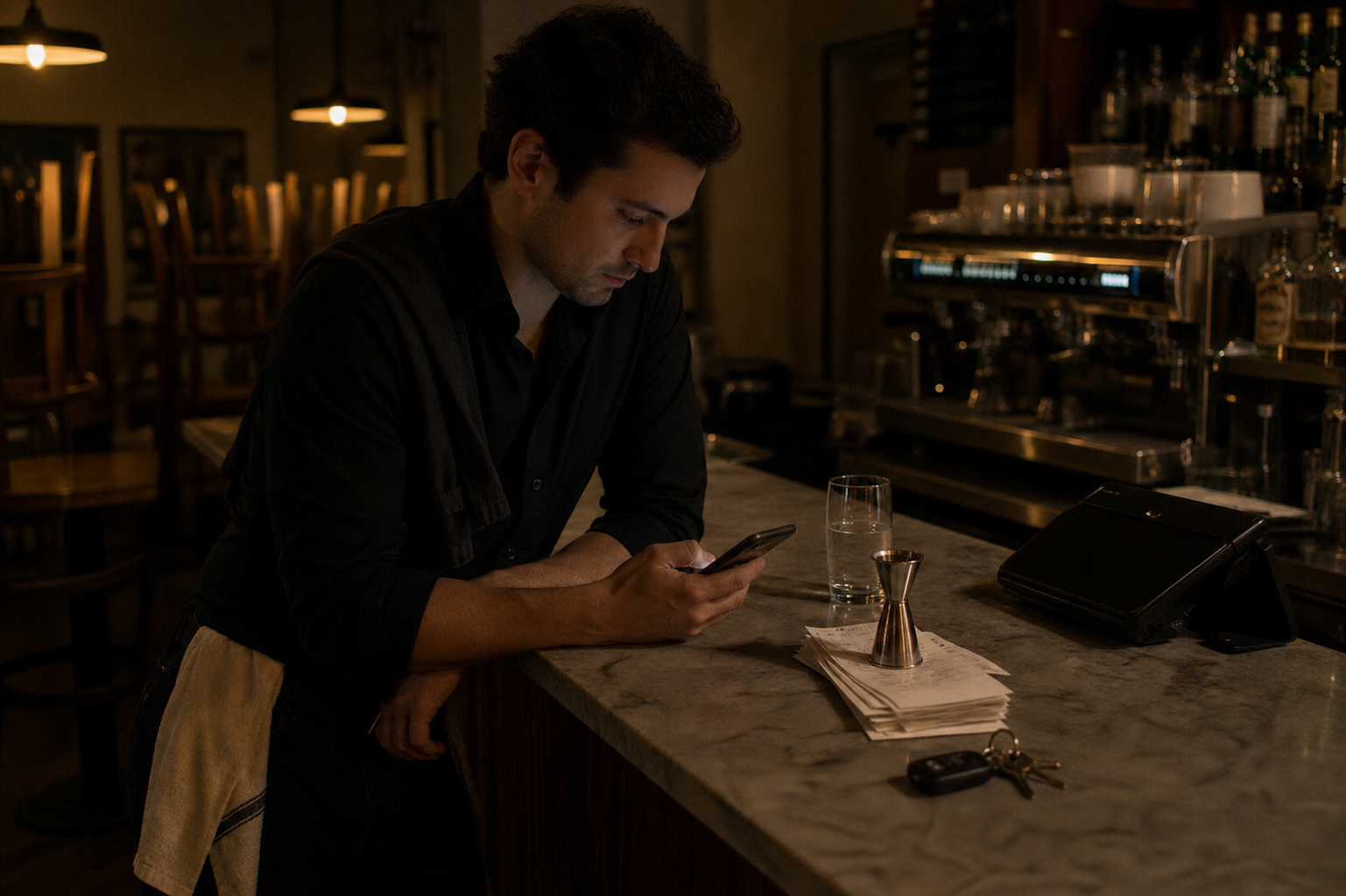 Owner at home on the couch, late at night, glancing at a phone glowing with the night's numbers.