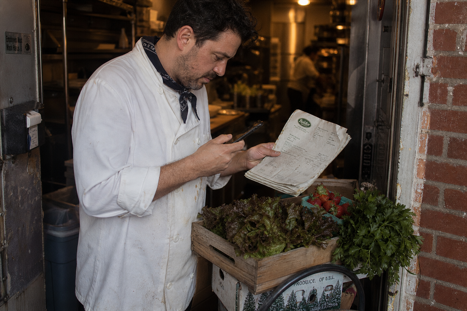Chef's hand holding a phone, snapping a photo of a stack of produce invoices at the back door.