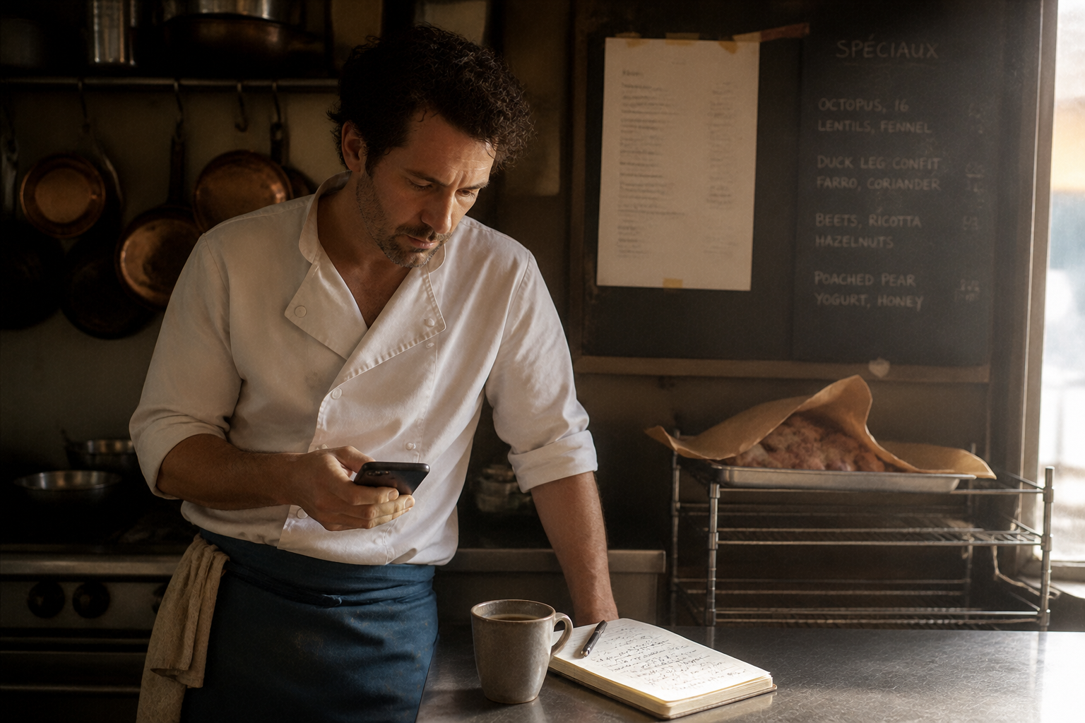 Chef early morning in the kitchen, coffee in hand, looking at a phone notification.