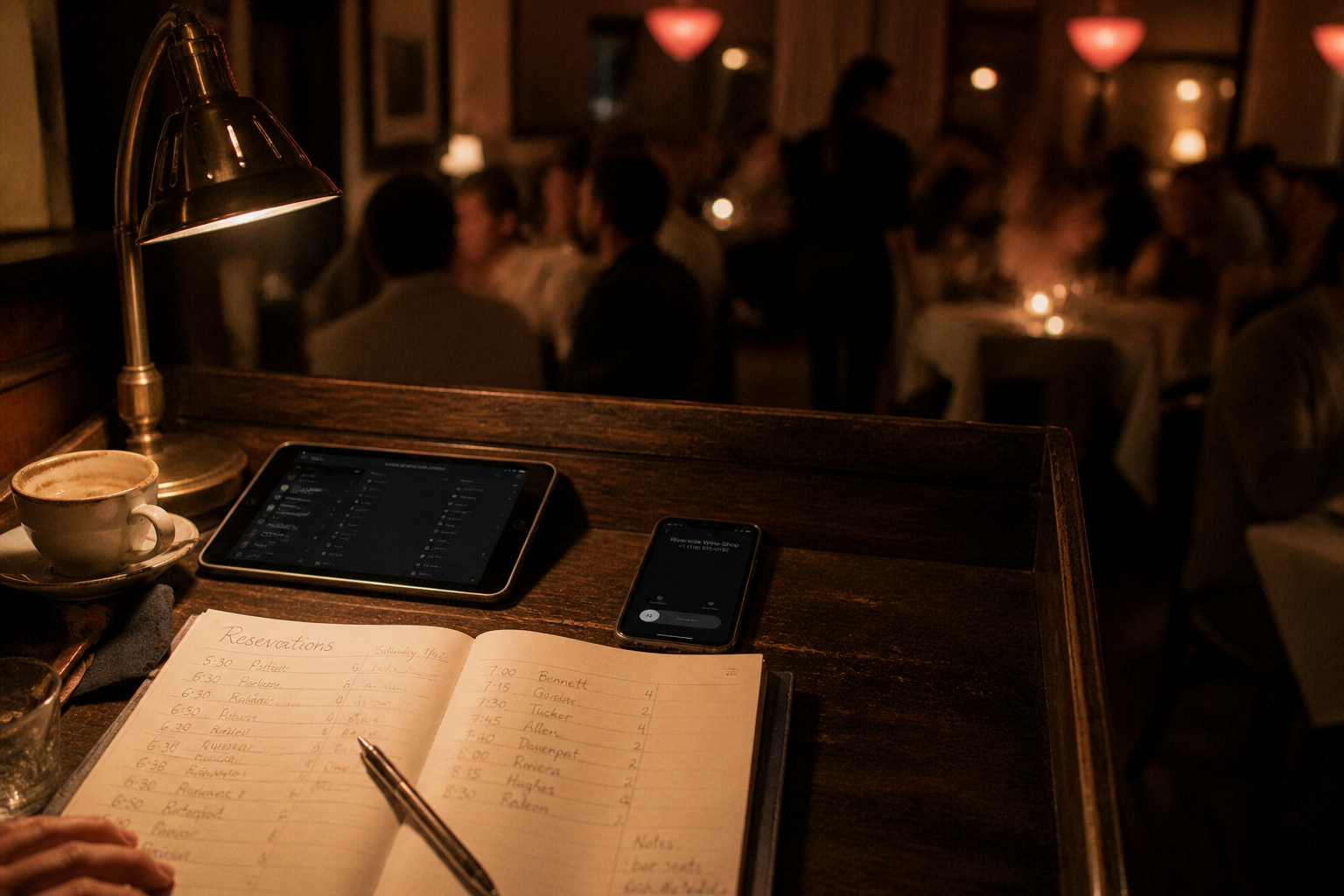 A busy host stand mid-service: phone ringing, the book open, a soft blur of guests behind.