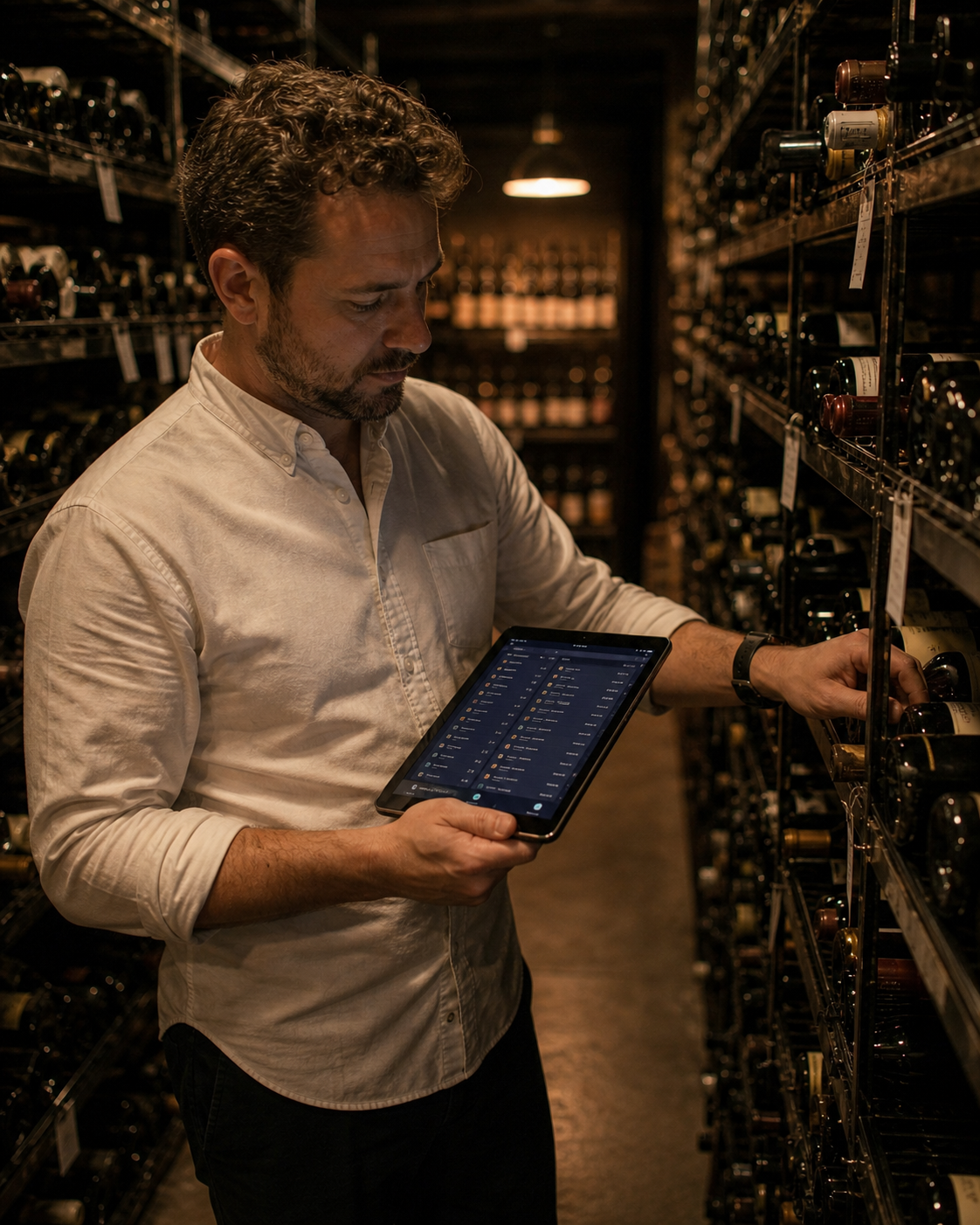Sommelier in the cellar with a tablet, catalog and inventory in one view