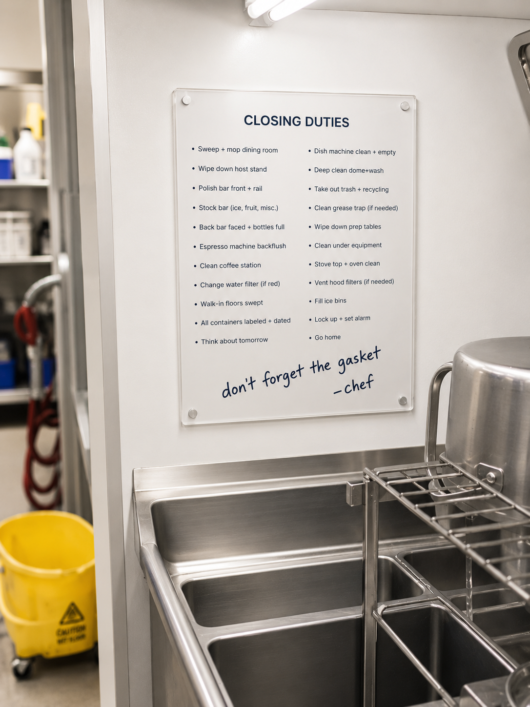 Yellowed laminated closing checklist taped above a dish station, half the items smudged with grease and Sharpie addenda