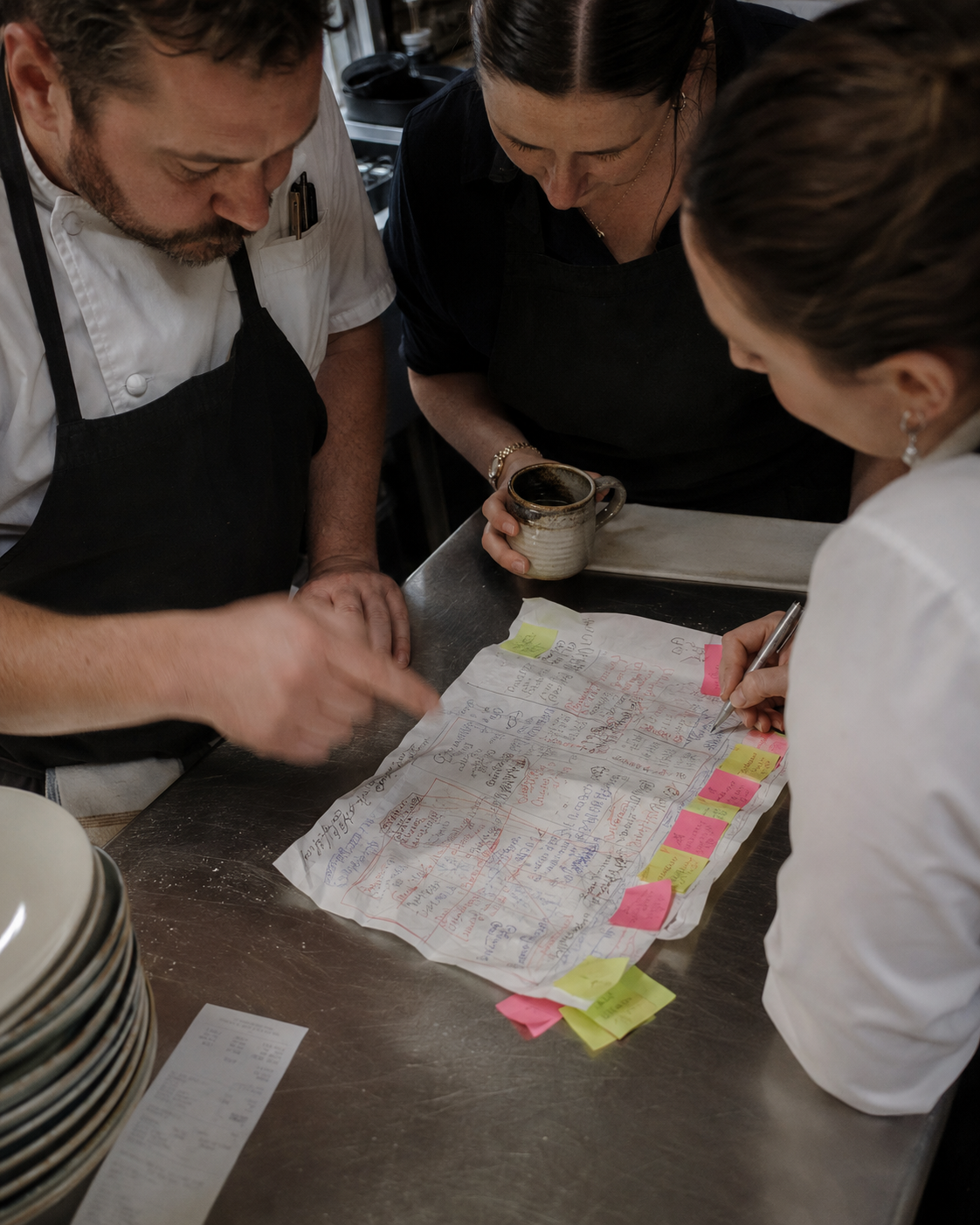 Service team huddling around a printed guest list scribbled with sticky notes
