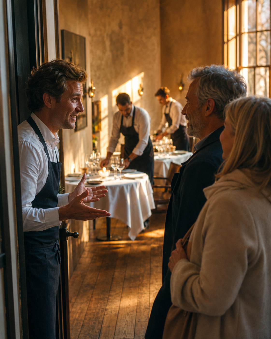 Server greeting a returning guest by name as the team behind sets the room