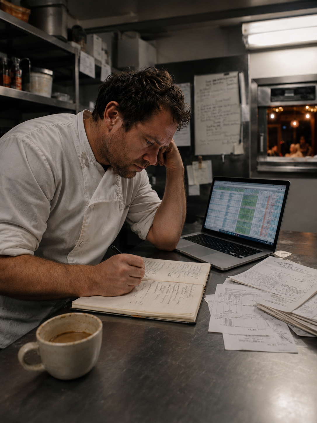 Chef buried in paperwork in the back office