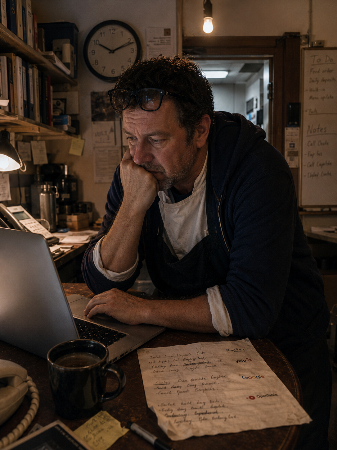 Chef-owner past midnight at his back-office desk, sighing in front of a laptop full of unanswered Google, Yelp, and OpenTable tabs