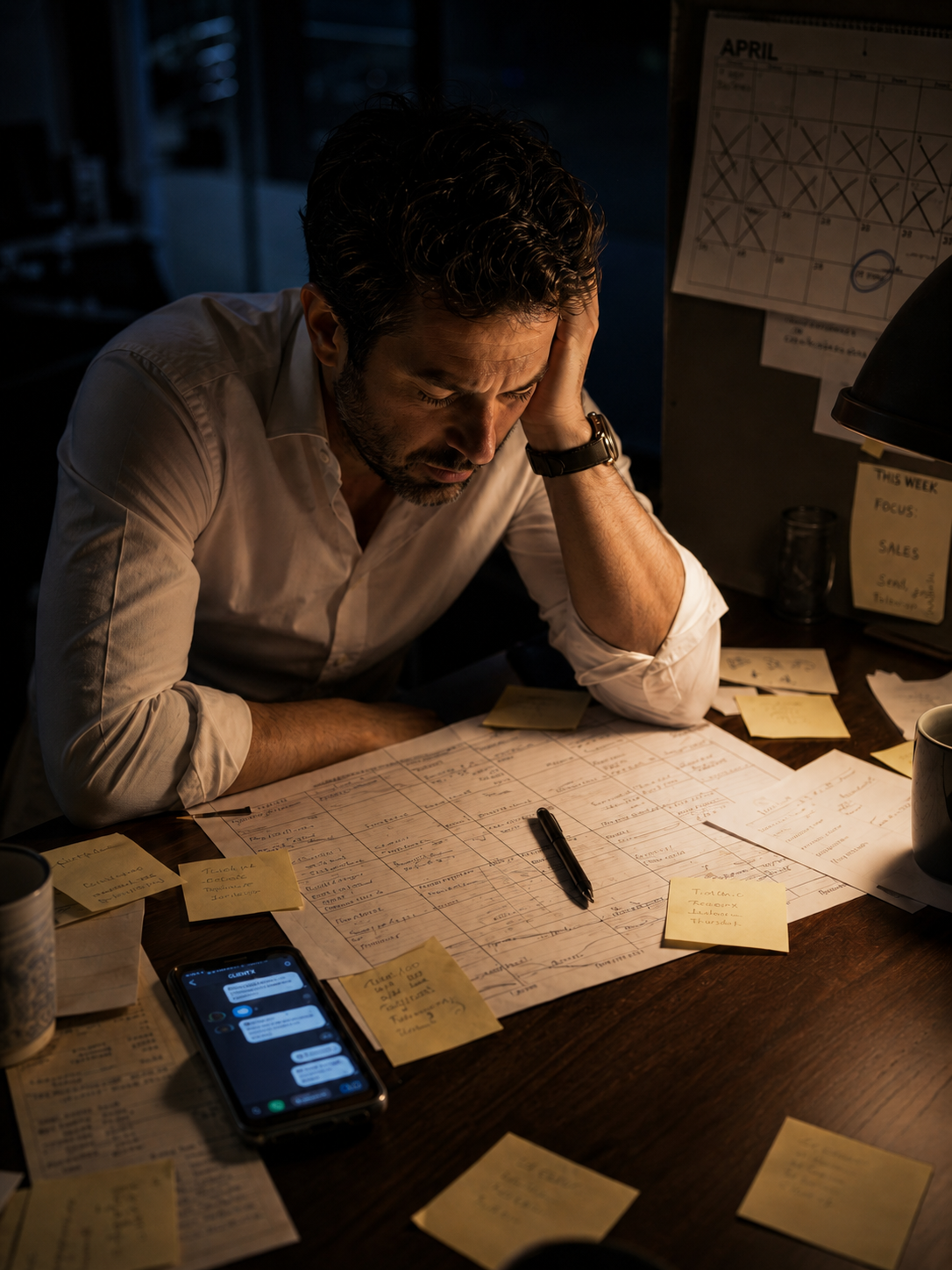 Weary GM at a desk late at night surrounded by a marked-up paper schedule, sticky-note shift swaps, and a rain-soaked forecast printout