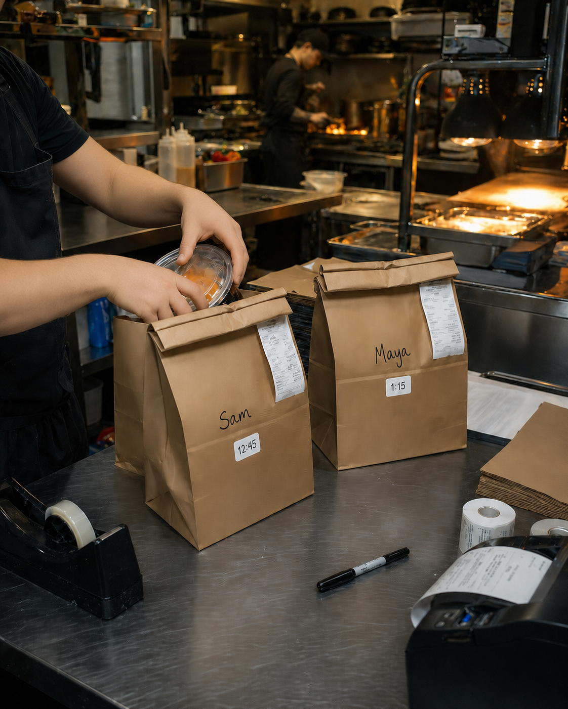 Branded takeout bags lined up